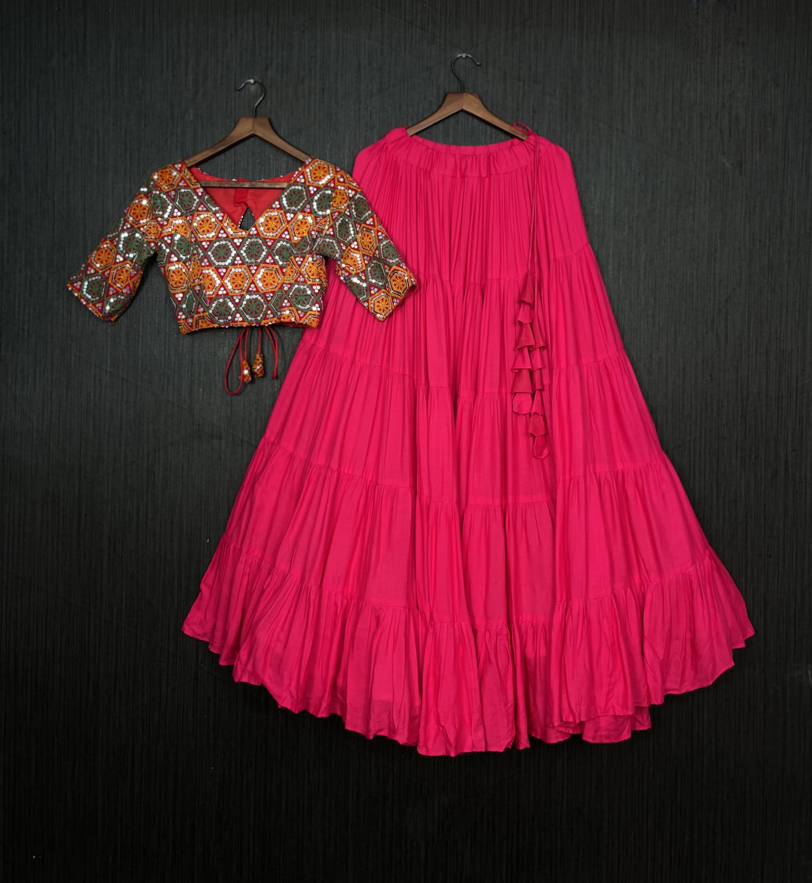 Beautiful Work Blouse With Pink Ruffle Style Lehenga Clothsvilla