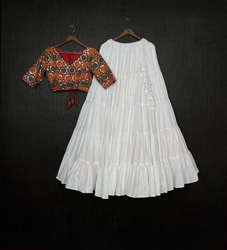Beautiful Work Blouse With White Ruffle Style Lehenga Clothsvilla