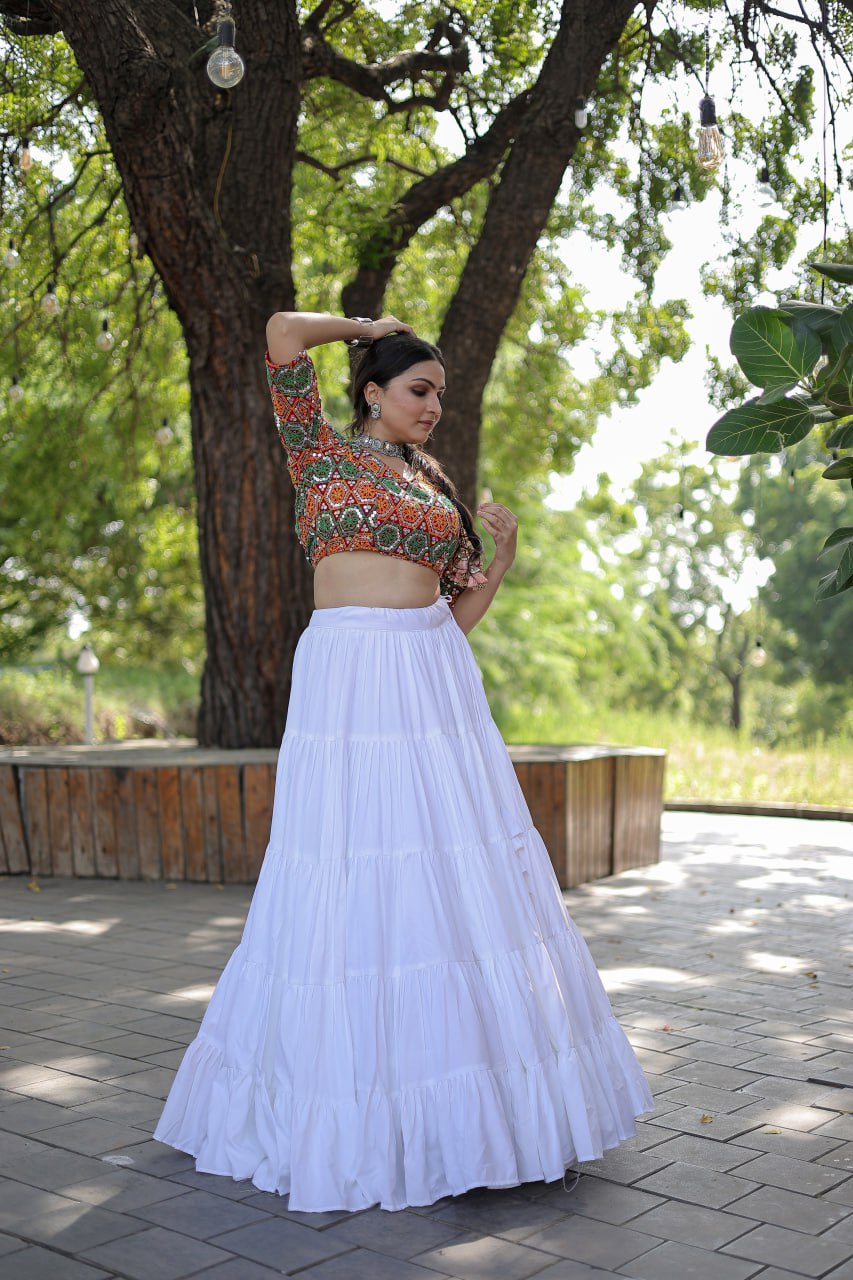Beautiful Work Blouse With White Ruffle Style Lehenga Clothsvilla