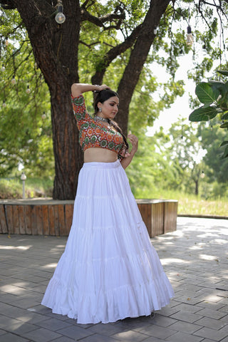 Beautiful Work Blouse With White Ruffle Style Lehenga Clothsvilla