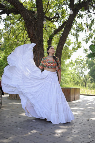 Beautiful Work Blouse With White Ruffle Style Lehenga Clothsvilla