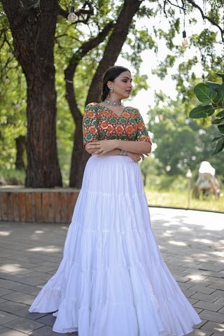 Beautiful Work Blouse With White Ruffle Style Lehenga Clothsvilla