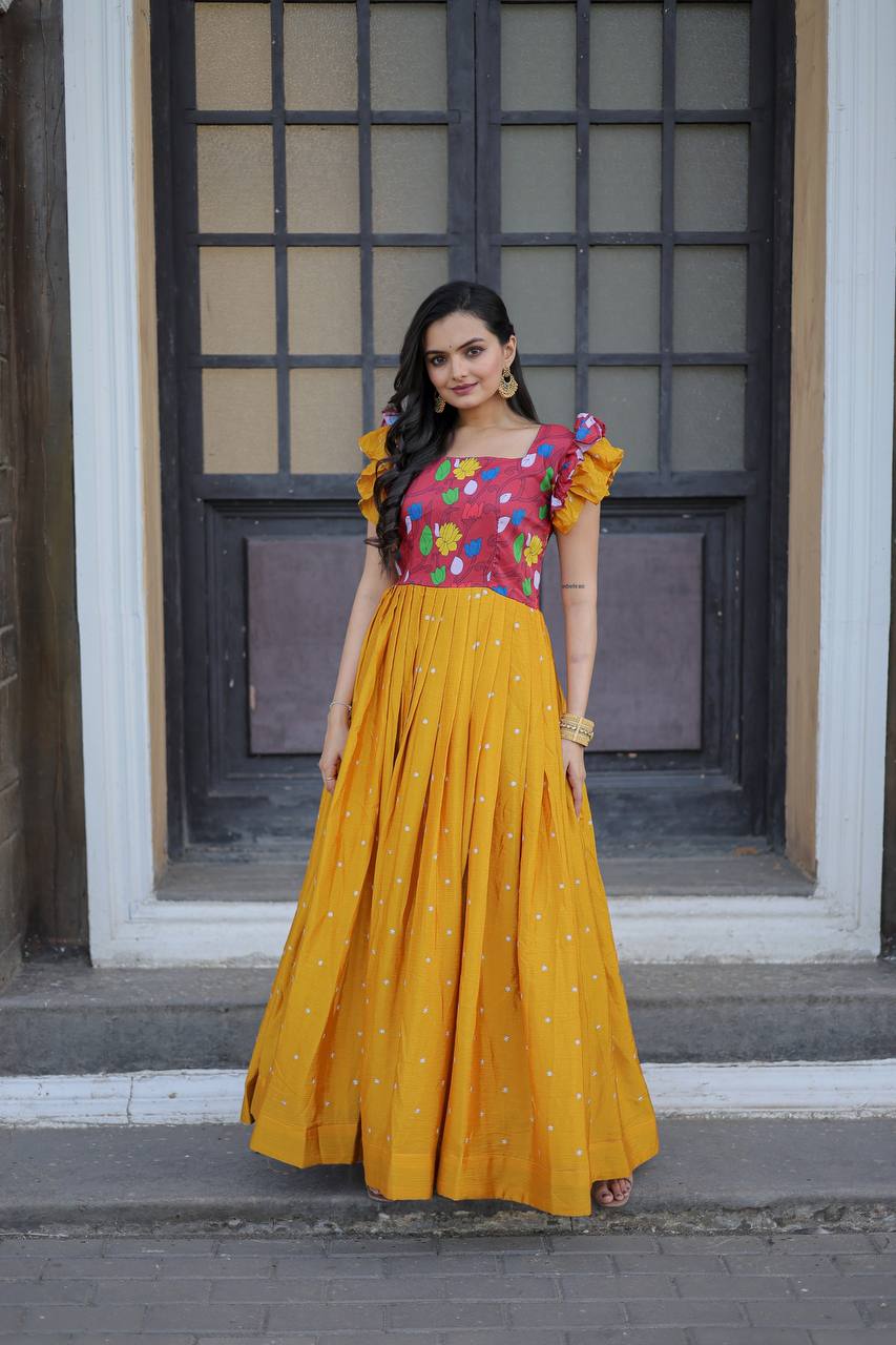Beautiful Work Mustard Color Function Wear Gown Main image