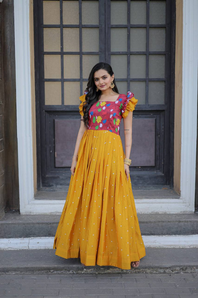 Beautiful Work Mustard Color Function Wear Gown
