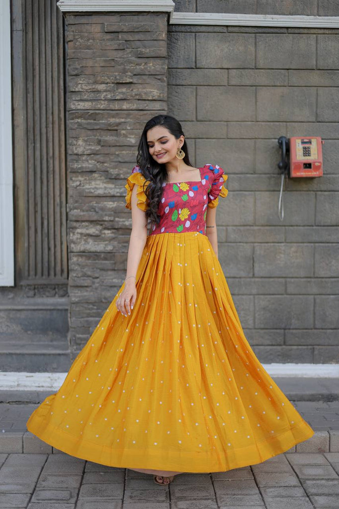 Beautiful Work Mustard Color Function Wear Gown