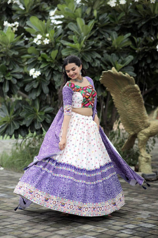 Unique Embroidered Work White With Purple Color Lehenga Choli