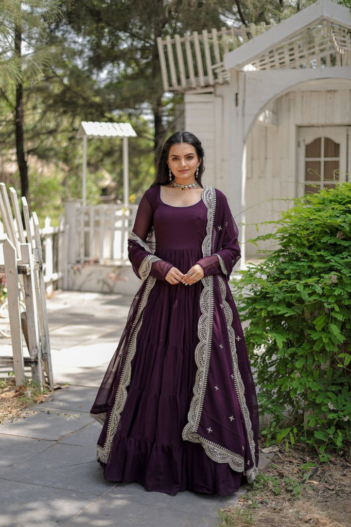 Party Wear Wine Color Plain Long Gown With Dupatta - Clothsv Party Wear Wine Color Plain Long Gown With Dupatta - Clothsv