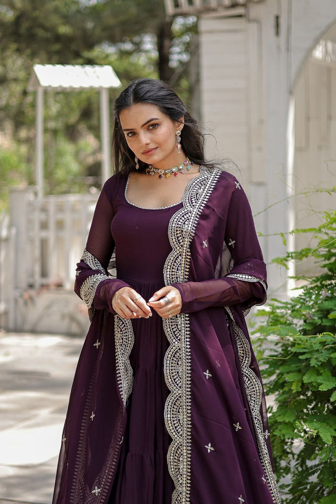 Party Wear Wine Color Plain Long Gown With Dupatta - Clothsv Party Wear Wine Color Plain Long Gown With Dupatta - Clothsv
