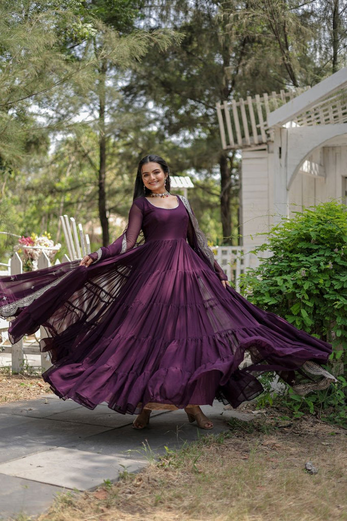 Party Wear Wine Color Plain Long Gown With Dupatta - Clothsv Party Wear Wine Color Plain Long Gown With Dupatta - Clothsv