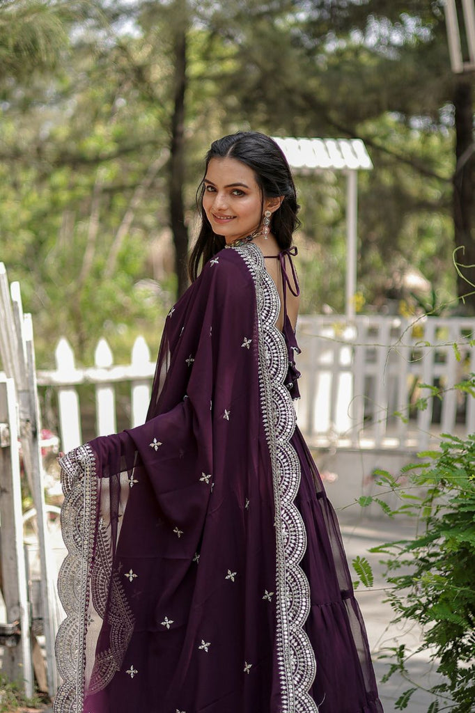 wine color dress Party Wear Wine Color Plain Long Gown With Dupatta