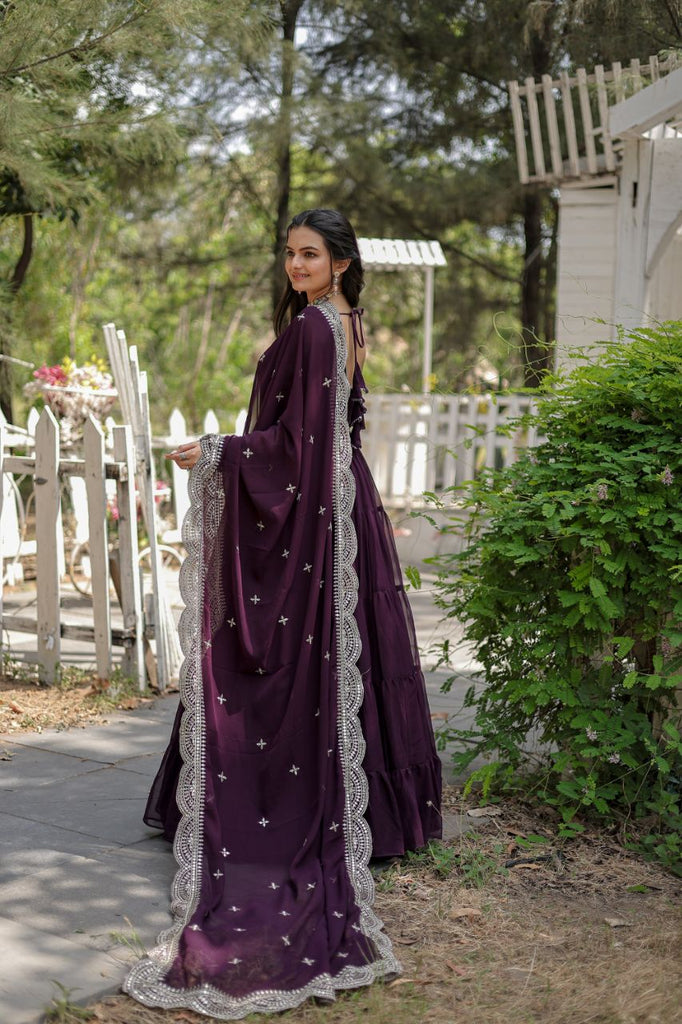 Party Wear Wine Color Plain Long Gown With Dupatta