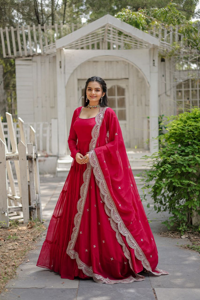Red Faux Georgette Plain Gown With Dupatta - PinkSaree