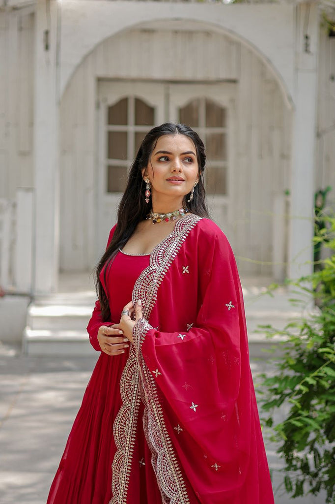 Party Wear Dark Pink Color Plain Long Gown With Dupatta - Cl Party Wear Dark Pink Color Plain Long Gown With Dupatta - Cl