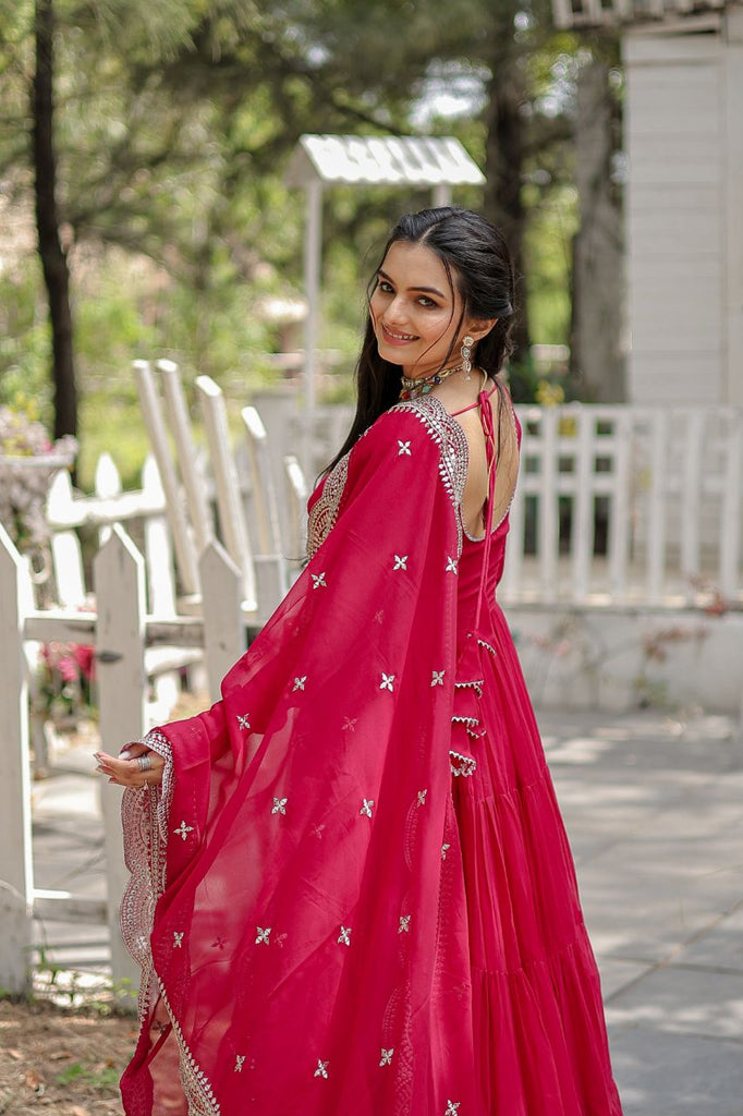 Party Wear Dark Pink Color Plain Long Gown With Dupatta - Cl Party Wear Dark Pink Color Plain Long Gown With Dupatta - Cl