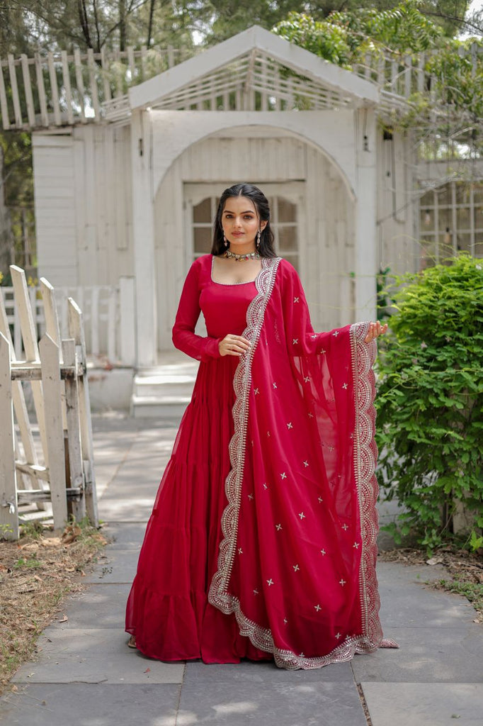 Red ruffled party wear full gown – Exclusive Aari Work Blouses and Designer  Women's & Kids Wear