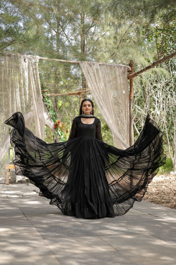 Party Wear Black Color Plain Long Gown With Dupatta - Cloths Party Wear Black Color Plain Long Gown With Dupatta - Cloths