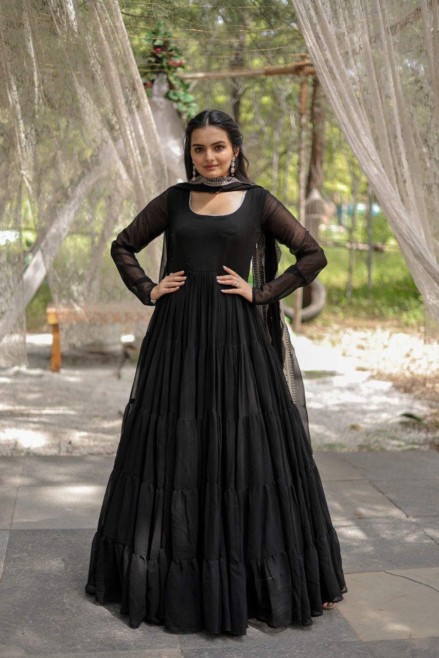 Party Wear Black Color Plain Long Gown With Dupatta Main image