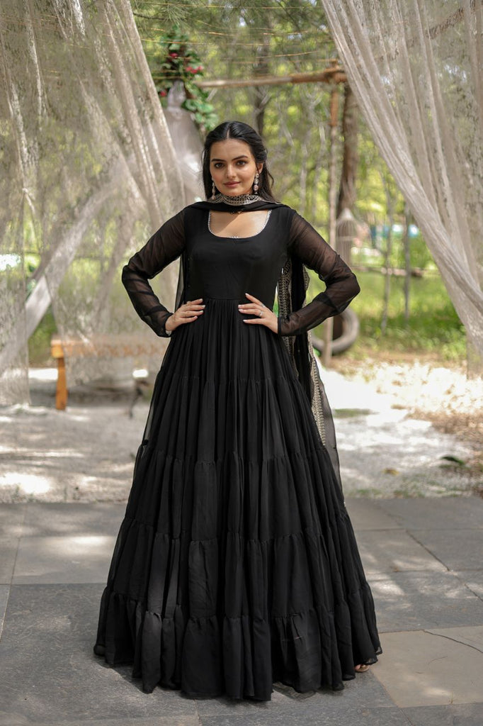 Party Wear Black Color Plain Long Gown With Dupatta