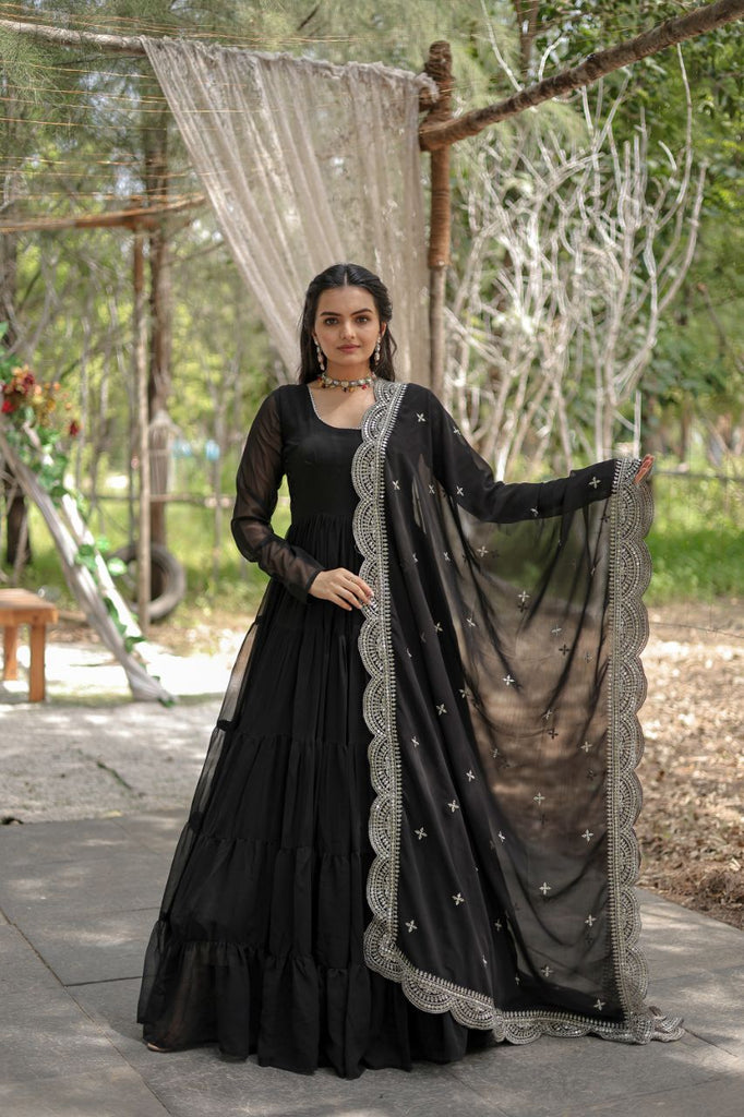 Party Wear Black Color Plain Long Gown With Dupatta - Cloths Party Wear Black Color Plain Long Gown With Dupatta - Cloths