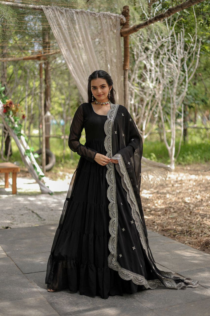 Party Wear Black Color Plain Long Gown With Dupatta