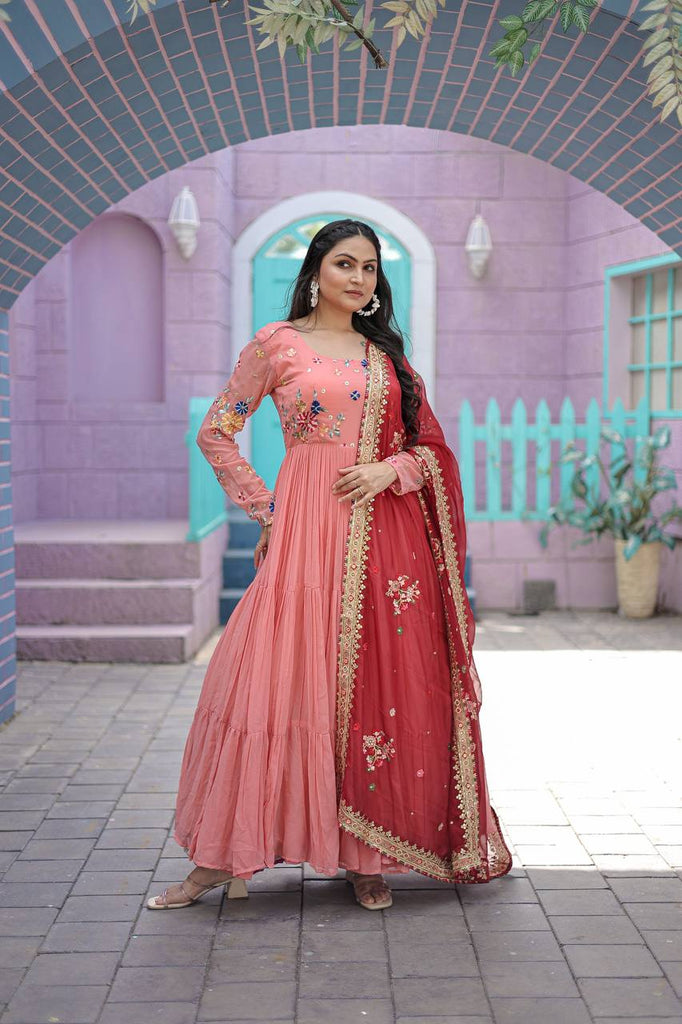 Exclusive Embroidery Work Peach Color Gown With Dupatta - Cl Exclusive Embroidery Work Peach Color Gown With Dupatta - Cl