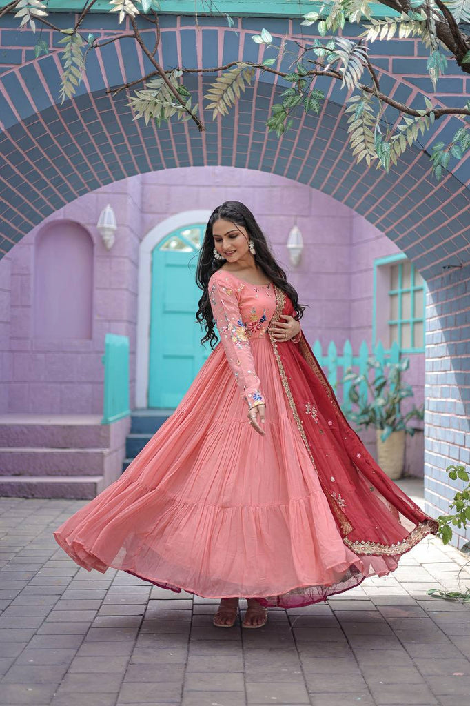 Exclusive Embroidery Work Peach Color Gown With Dupatta