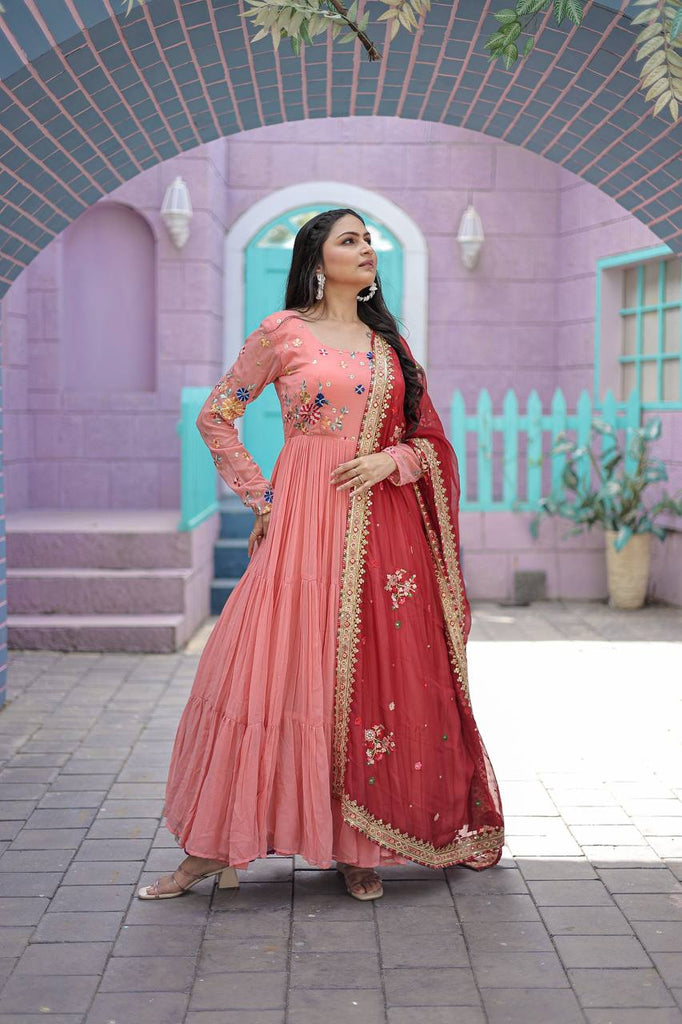 Exclusive Embroidery Work Peach Color Gown With Dupatta Exclusive Embroidery Work Peach Color Gown With Dupatta