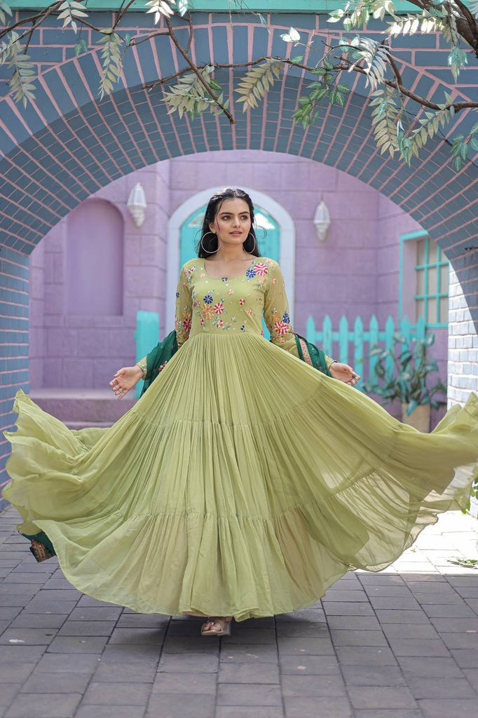Exclusive Embroidery Work Parrot Green Color Gown With Dupatta