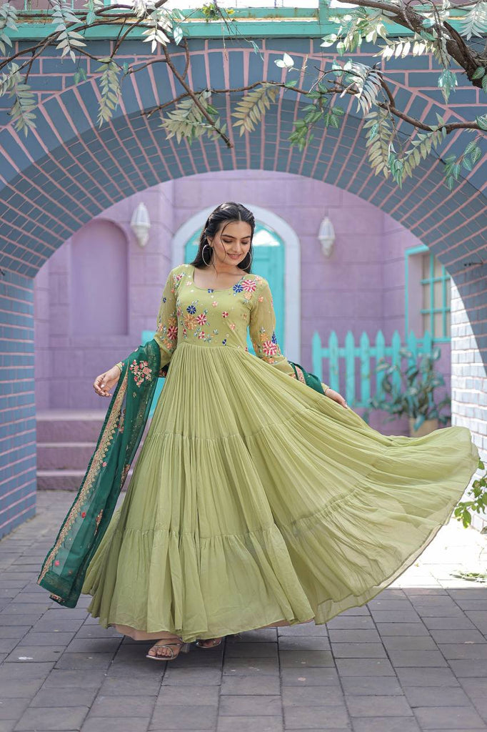 Exclusive Embroidery Work Parrot Green Color Gown With Dupat Exclusive Embroidery Work Parrot Green Color Gown With Dupat