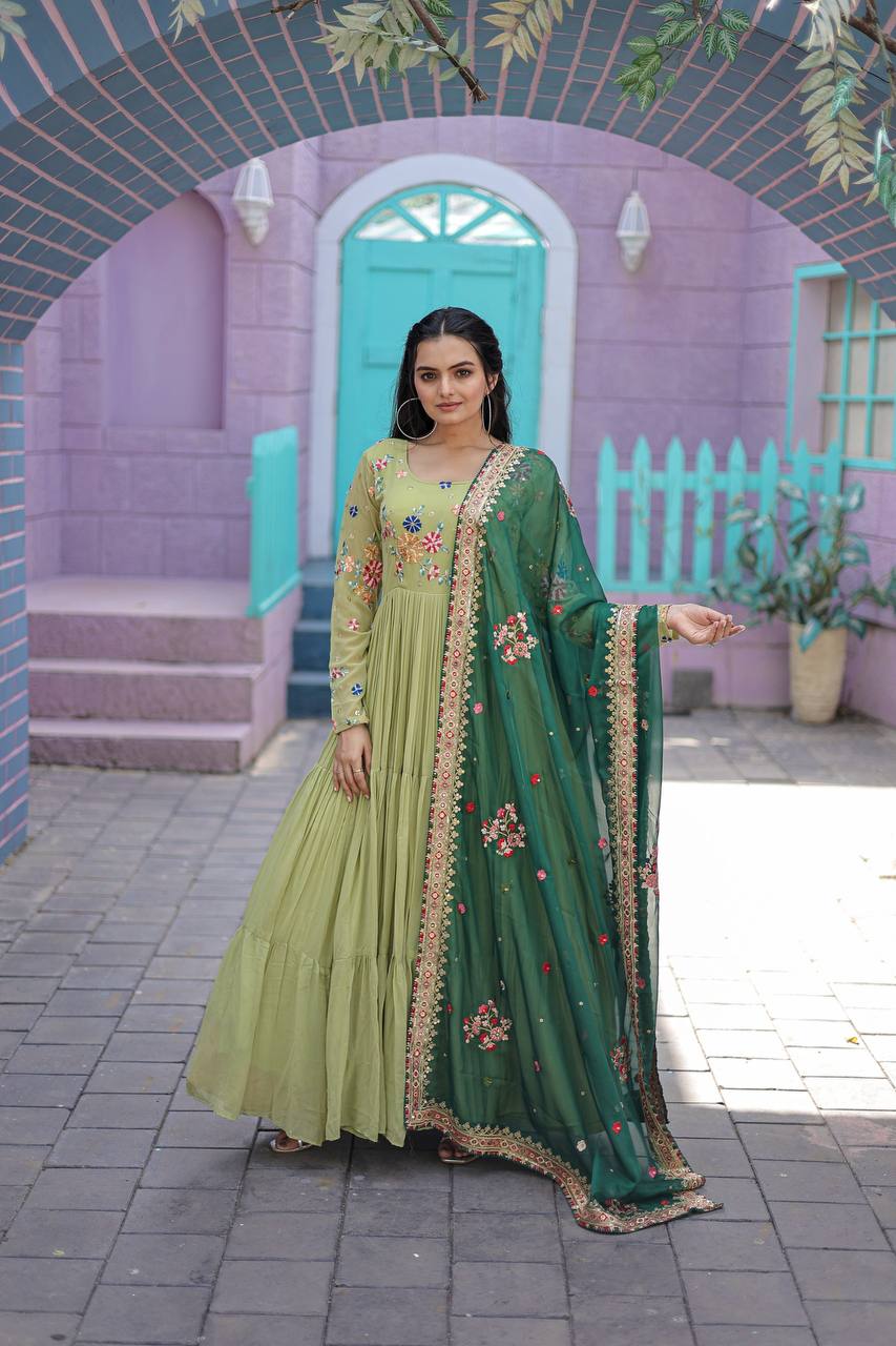 Exclusive Embroidery Work Parrot Green Color Gown With Dupatta