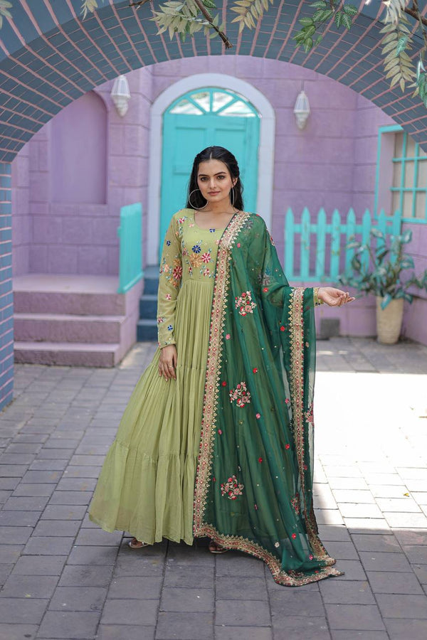 Exclusive Embroidery Work Parrot Green Color Gown With Dupatta