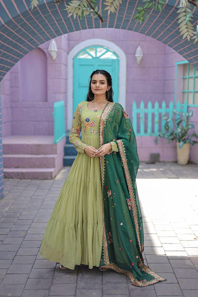 Exclusive Embroidery Work Parrot Green Color Gown With Dupatta