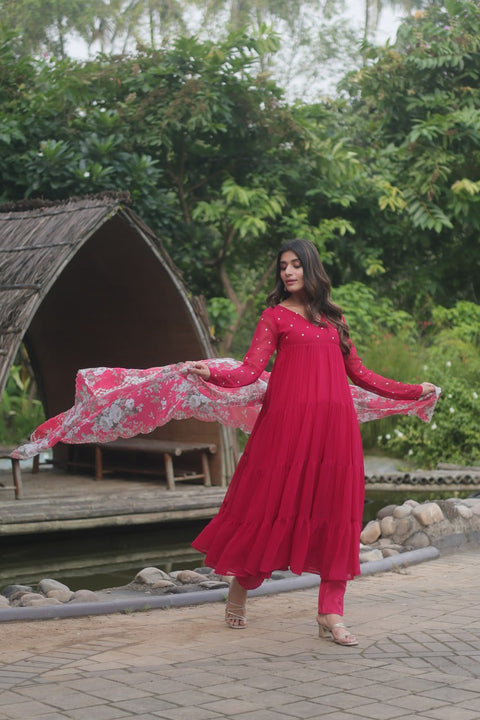 Pink Color Butti Work Kurti Pant With Dupatta Set Clothsvilla Main image