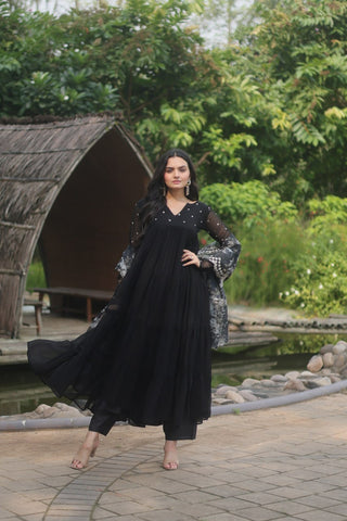 Black Color Butti Work Kurti Pant With Dupatta Set Clothsvilla