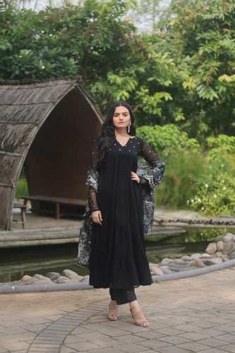 Black Color Butti Work Kurti Pant With Dupatta Set Clothsvilla