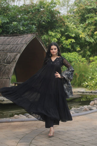 Black Color Butti Work Kurti Pant With Dupatta Set Clothsvilla