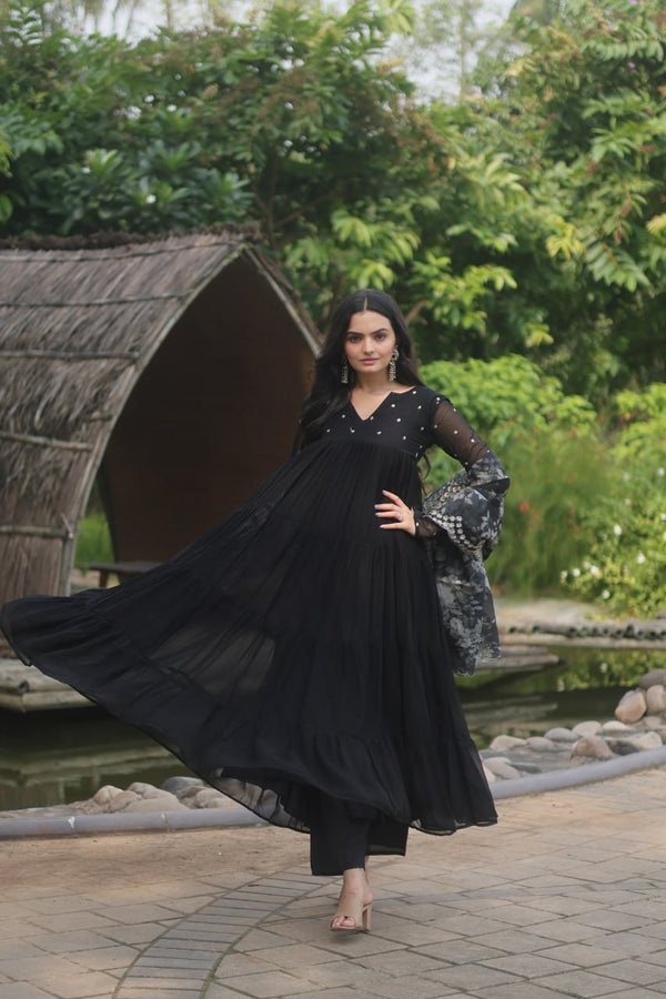 Black Color Butti Work Kurti Pant With Dupatta Set Clothsvilla