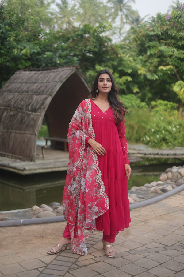 Pink Color Butti Work Kurti Pant With Dupatta Set Clothsvilla