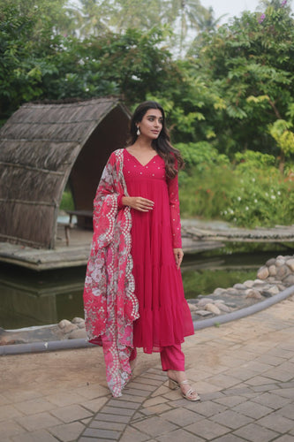 Pink Color Butti Work Kurti Pant With Dupatta Set Clothsvilla