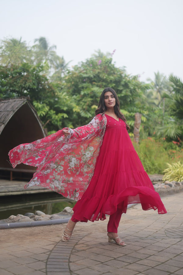 Pink Color Butti Work Kurti Pant With Dupatta Set Clothsvilla