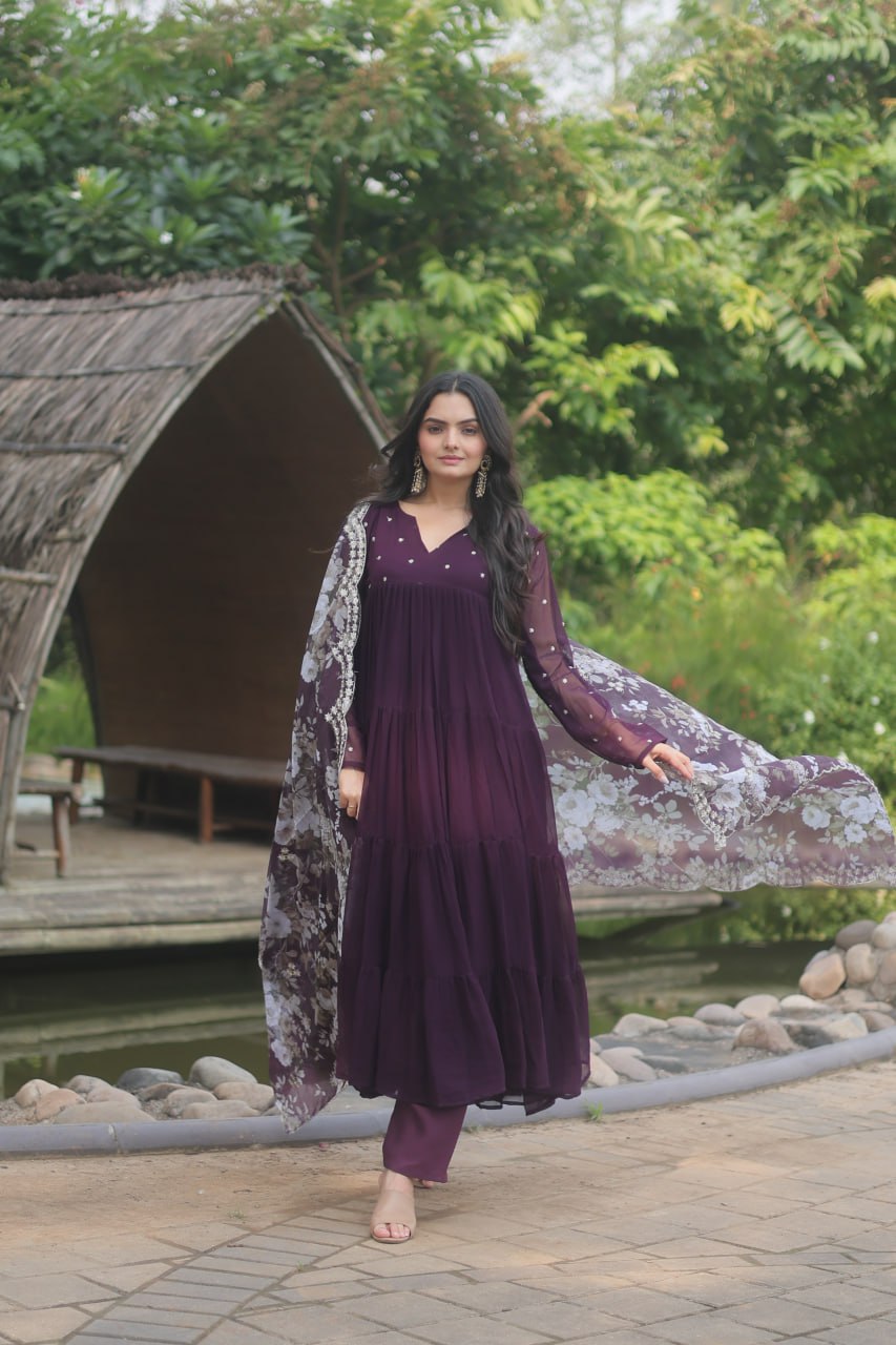 Wine Color Butti Work Kurti Pant With Dupatta Set Clothsvilla