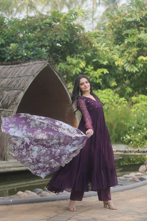 Wine Color Butti Work Kurti Pant With Dupatta Set Clothsvilla Main image