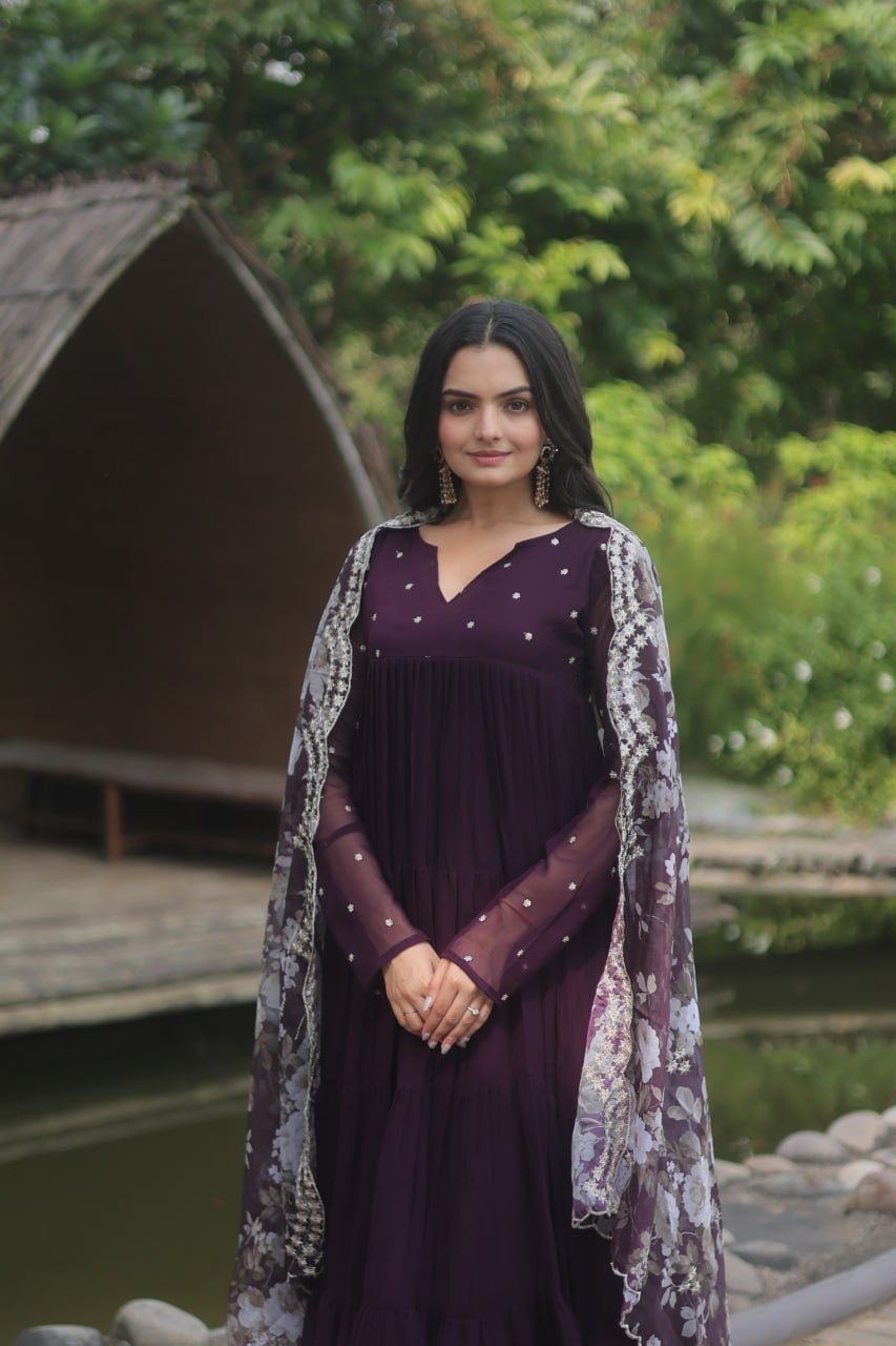 Wine Color Butti Work Kurti Pant With Dupatta Set Clothsvilla