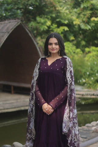 Wine Color Butti Work Kurti Pant With Dupatta Set Clothsvilla