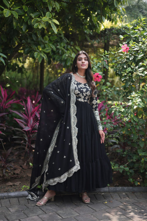 Attractive Black Color Sequence Work Anarkali Gown With Dupatta Main image