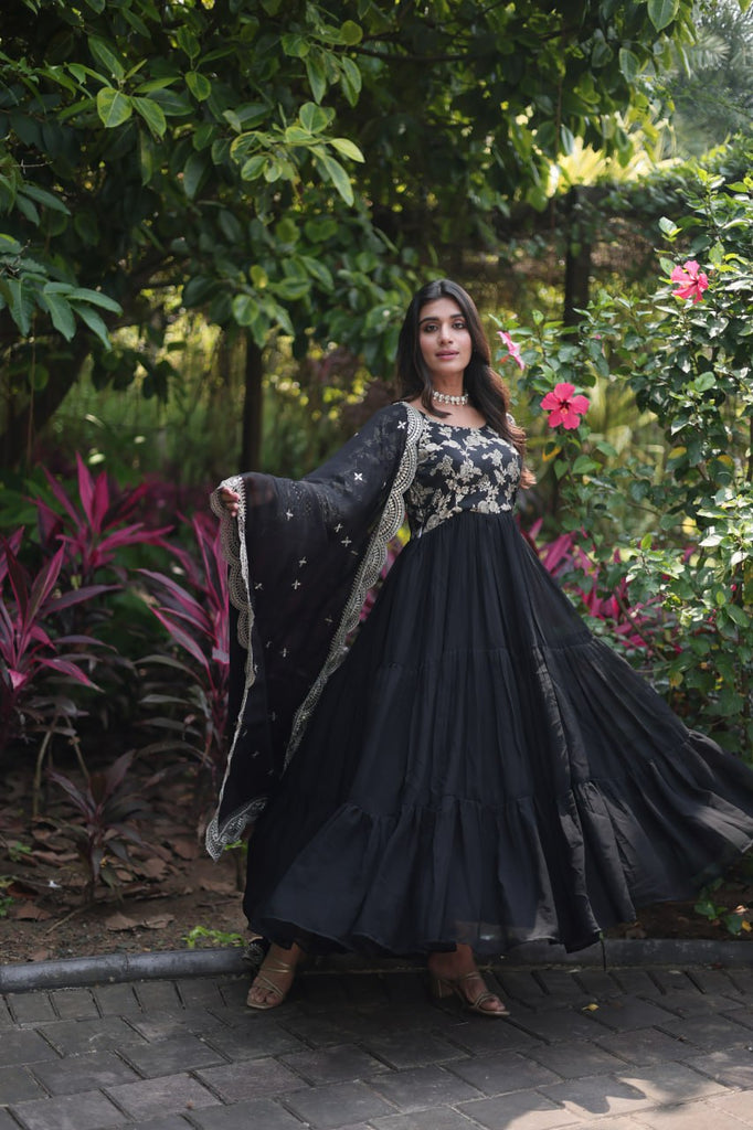 Attractive Black Color Sequence Work Anarkali Gown With Dupatta