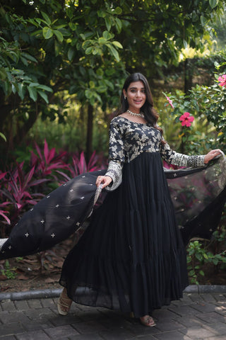Attractive Black Color Sequence Work Anarkali Gown With Dupatta