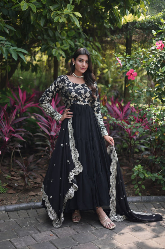 Black Color Multi Floral Print Anarkali Gown - BANDIWAL
