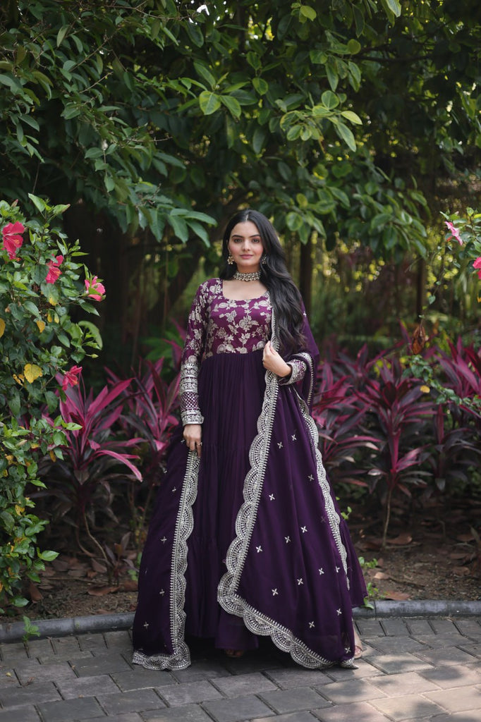 Attractive Wine Color Sequence Work Anarkali Gown With Dupatta