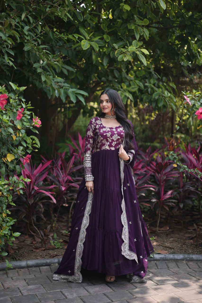 Attractive Wine Color Sequence Work Anarkali Gown With Dupatta Main image